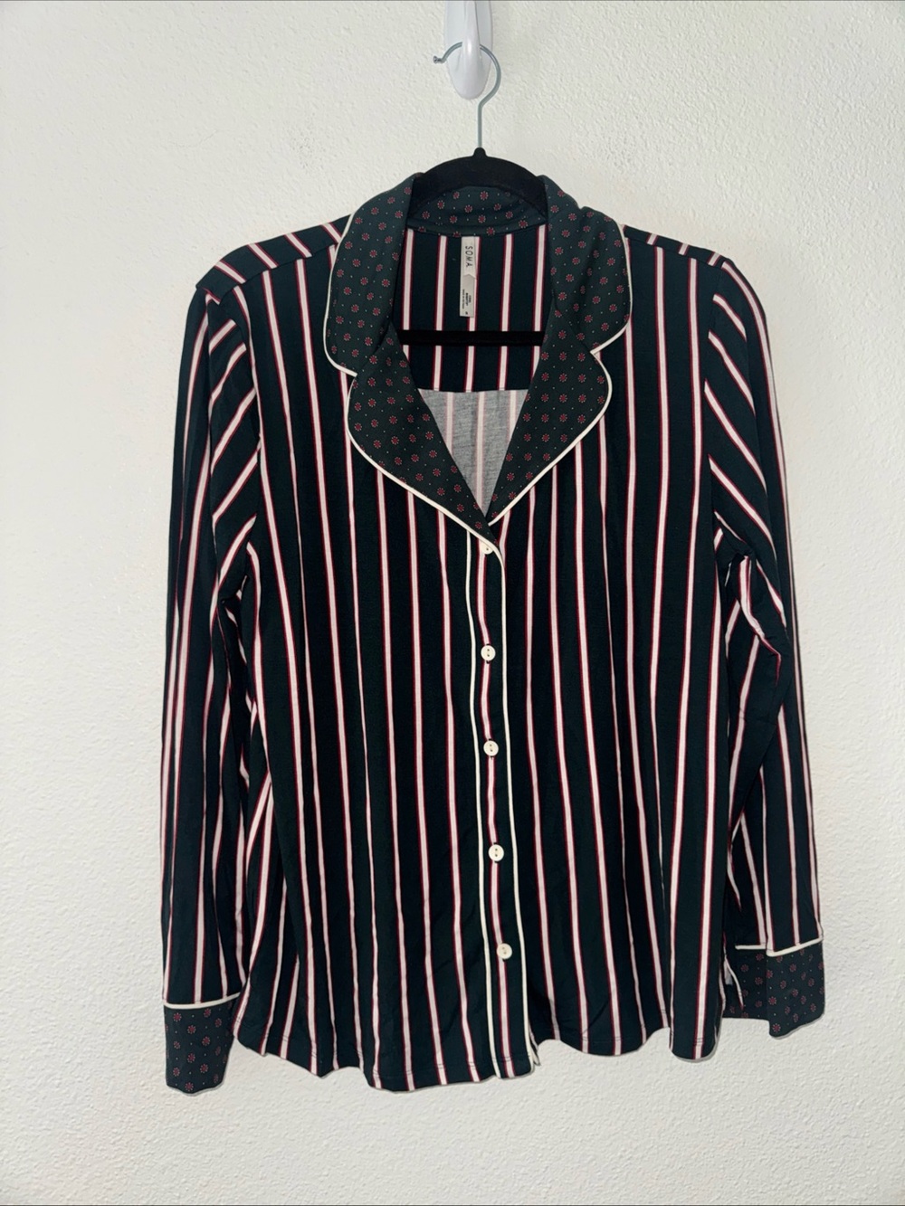 Soma Striped Button-Up Pajama Top green white small cool nights Long sleeve